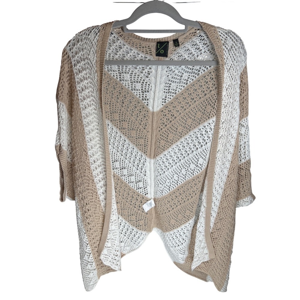 Boho‎ Tan White Open Knit Chevron Sweater Women's Size Small Crochet Cottagecore
